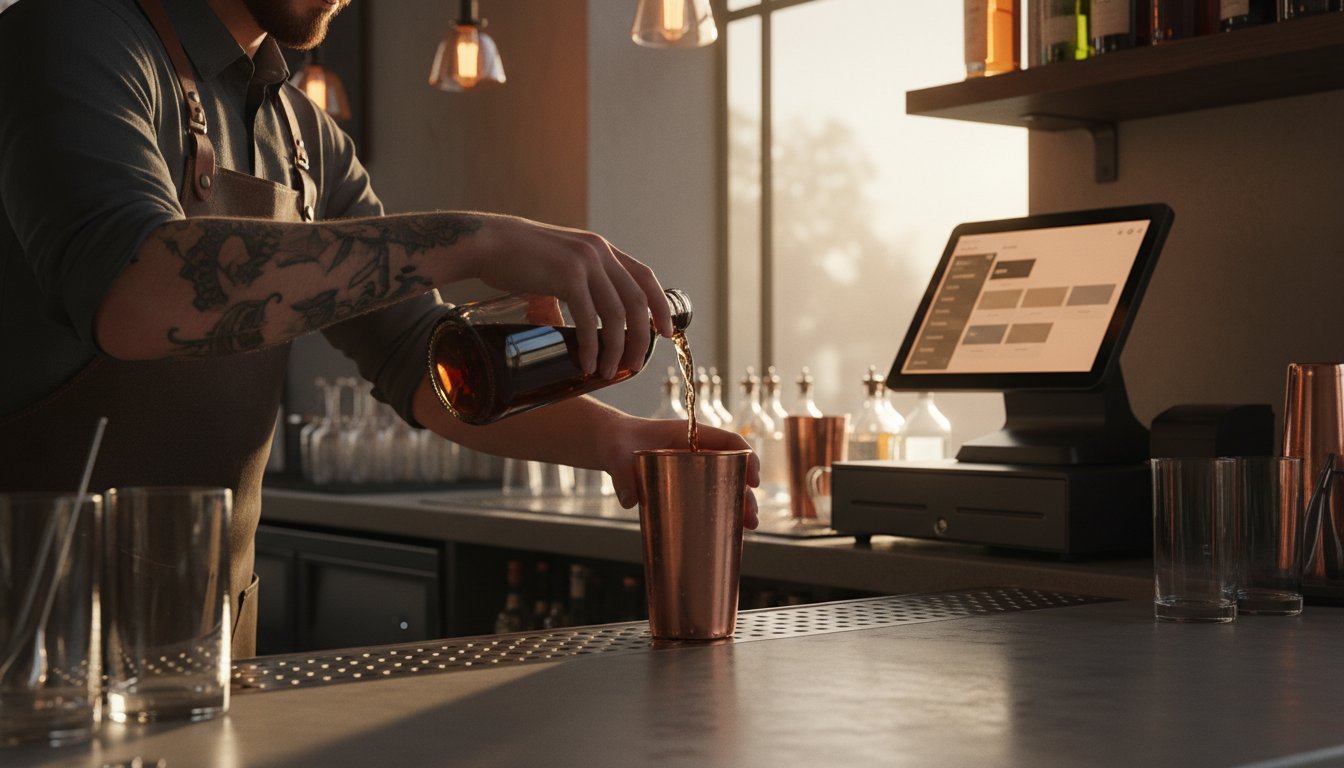 Bartender pouring a spirit while a Tap-Tap terminal shows a live order
